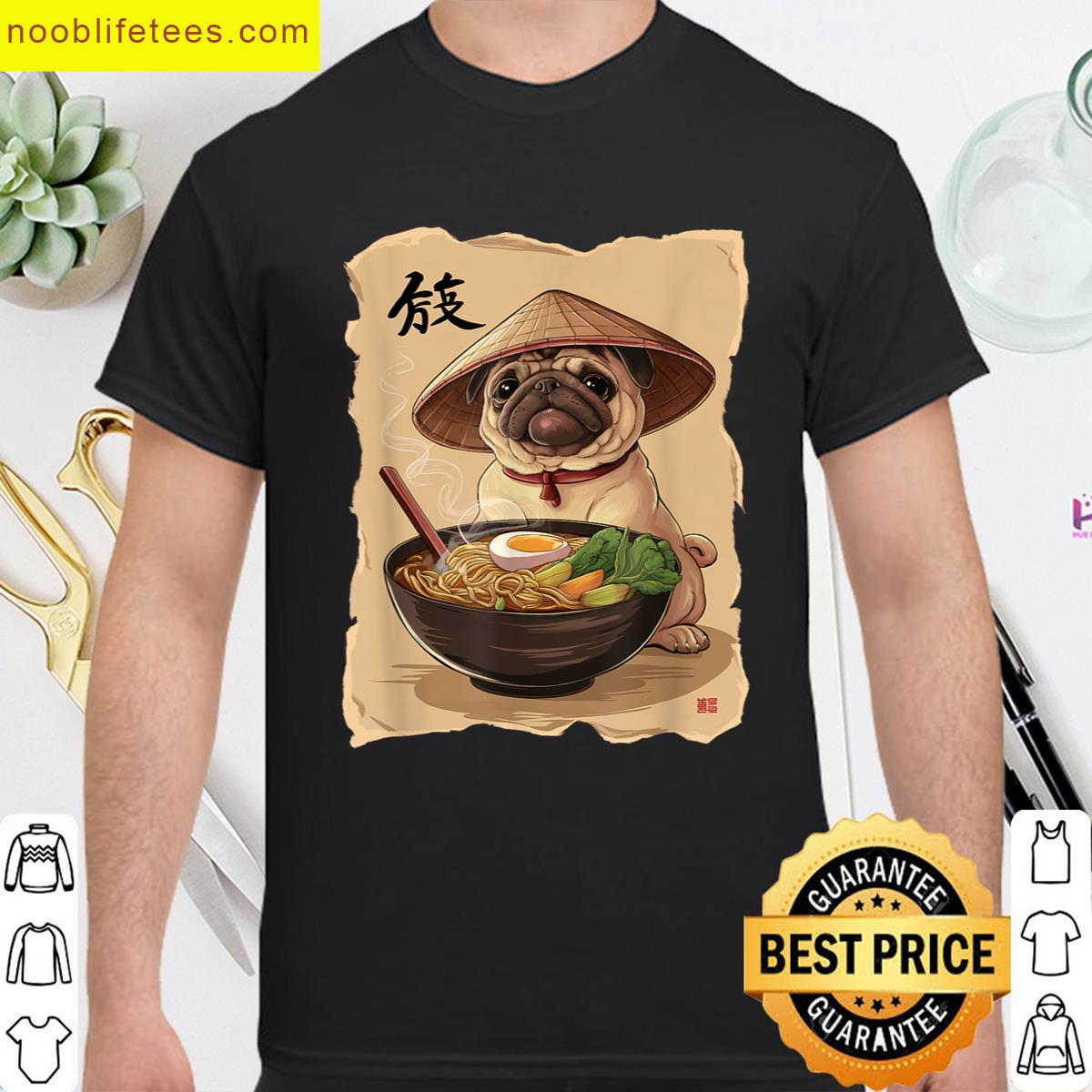 Men Woman Kawaii Eating Ramen Japanese Pug premium shirt