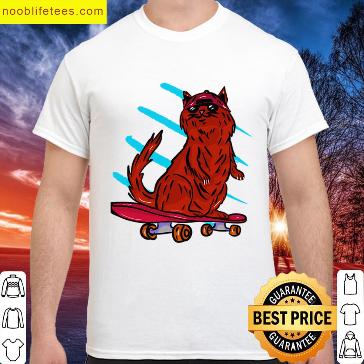 Red Cat With A Cool Cap On A Skateboard premium shirt