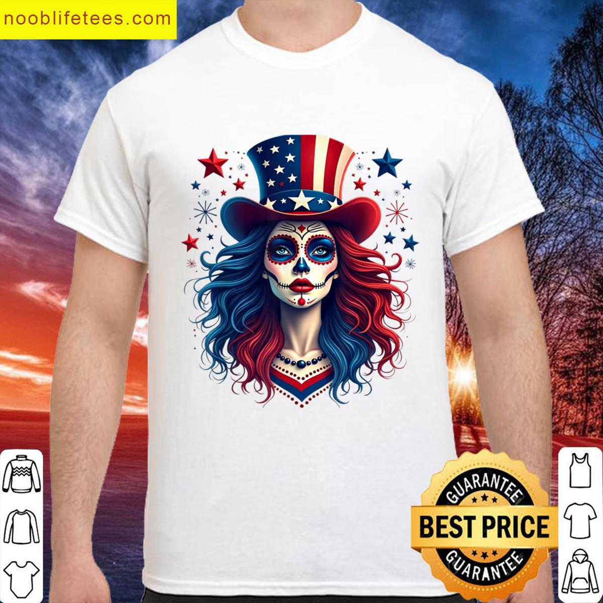 Sugar Skull 4th Of July American Flag Skeleton Women premium shirt