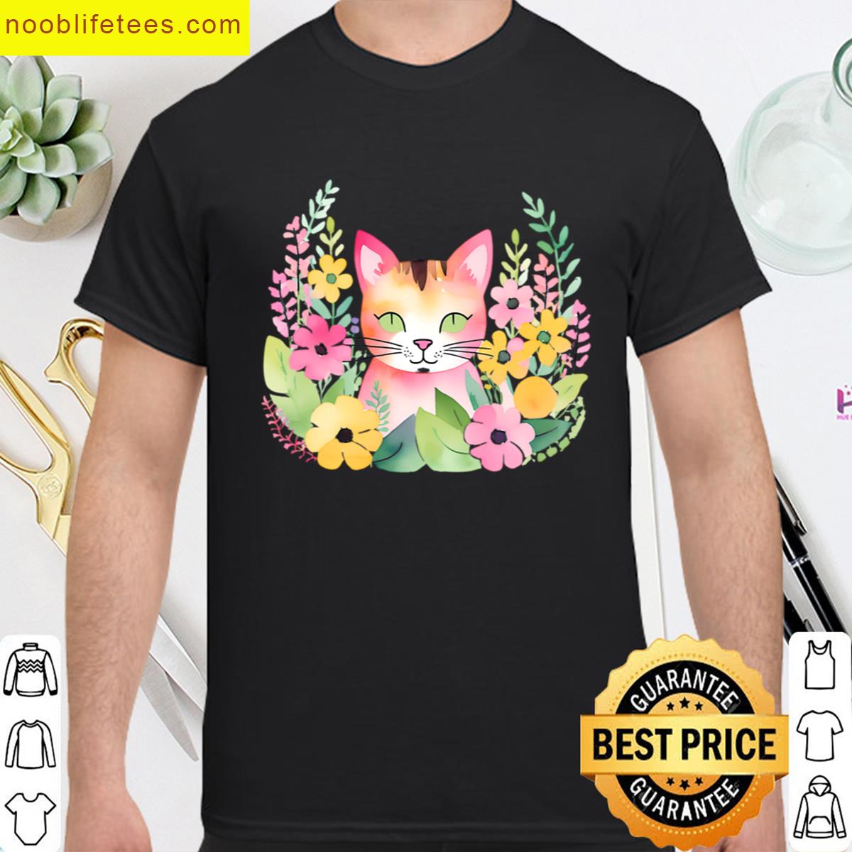 Watercolor Pink Cat And Flowers premium shirt