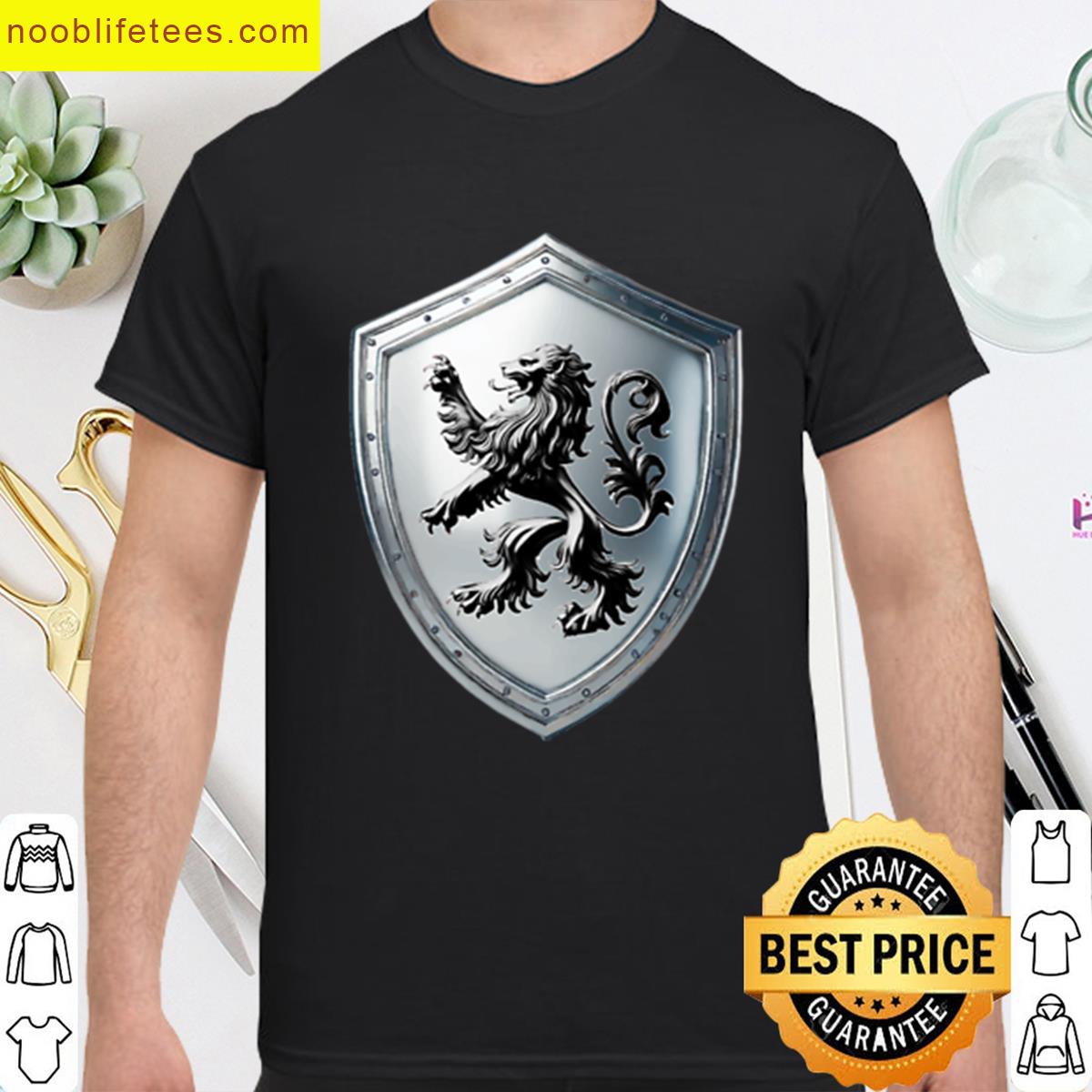 Hughes Heraldic Shield Rampant Black Lion On Polished Silver premium shirt