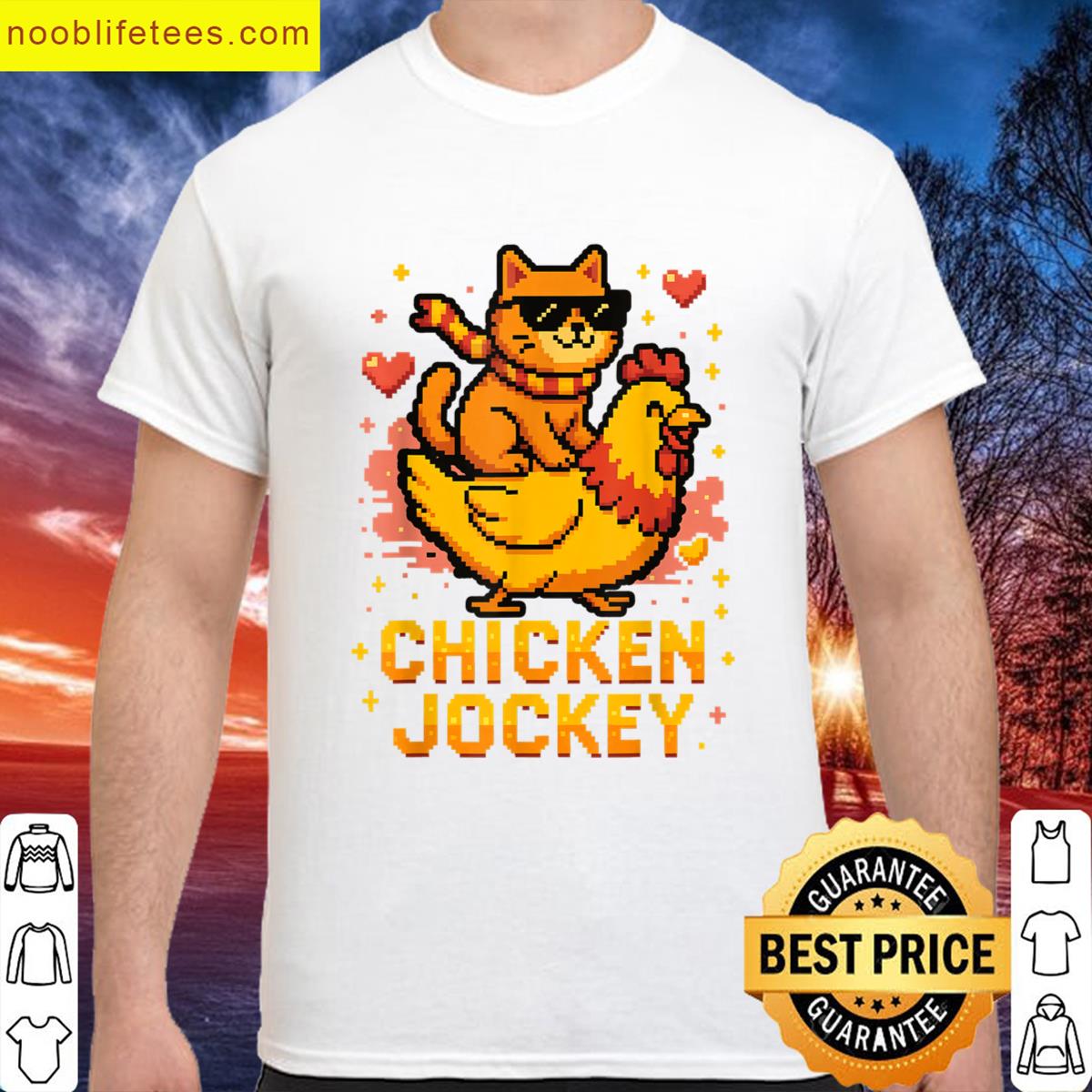 Chicken Jockey Cute Cat Riding Pixel Art Gamer Meme premium shirt