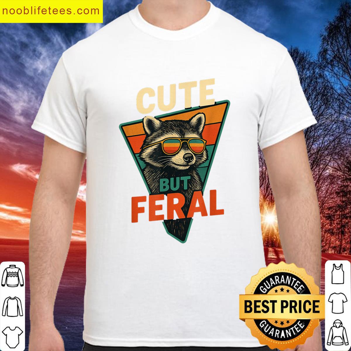 Cute But Feral Raccoon Retro Sunset Funny Sarcastic Saying premium shirt