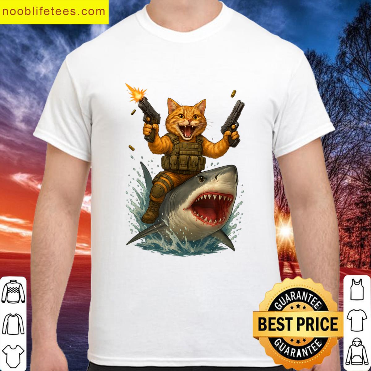 Funny Cat Riding Shark Meme Graphic Boys Men Women Kids premium shirt
