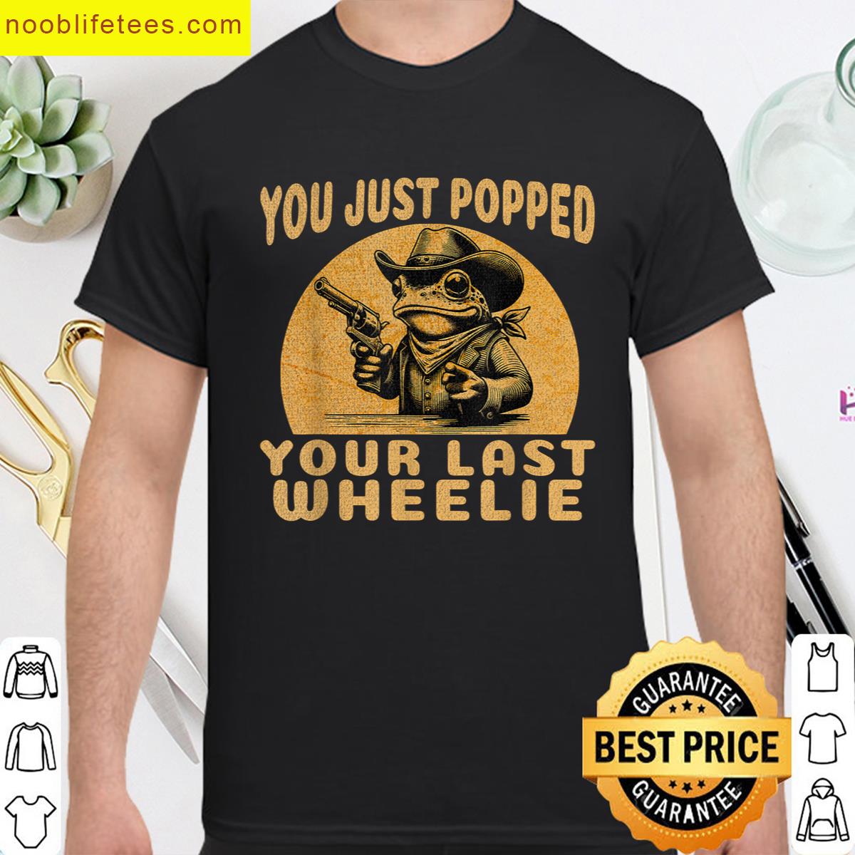 Funny Frog Wearing Cowboy Duds Popped Wheelie Biking Joke premium shirt